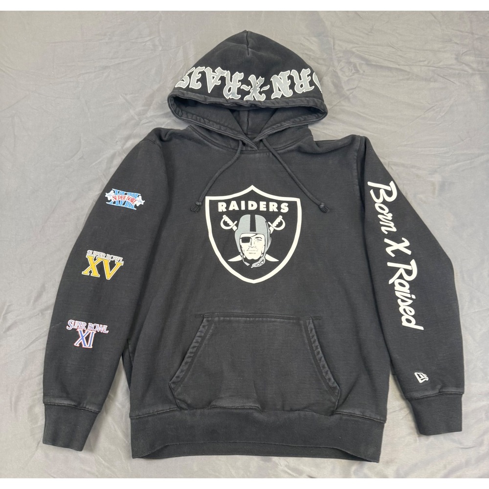 Men's Raiders New Era Born x Raised Black Heavyweight Pullover Hoodie Size Large